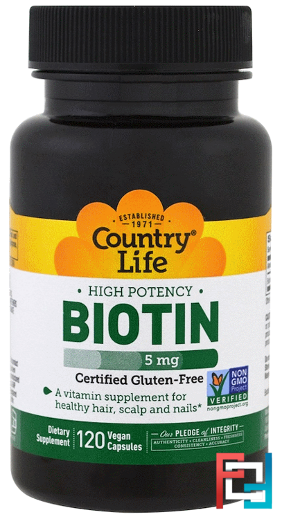 Biotin, High Potency, Country Life, 5 mg, 120 Vegan Caps